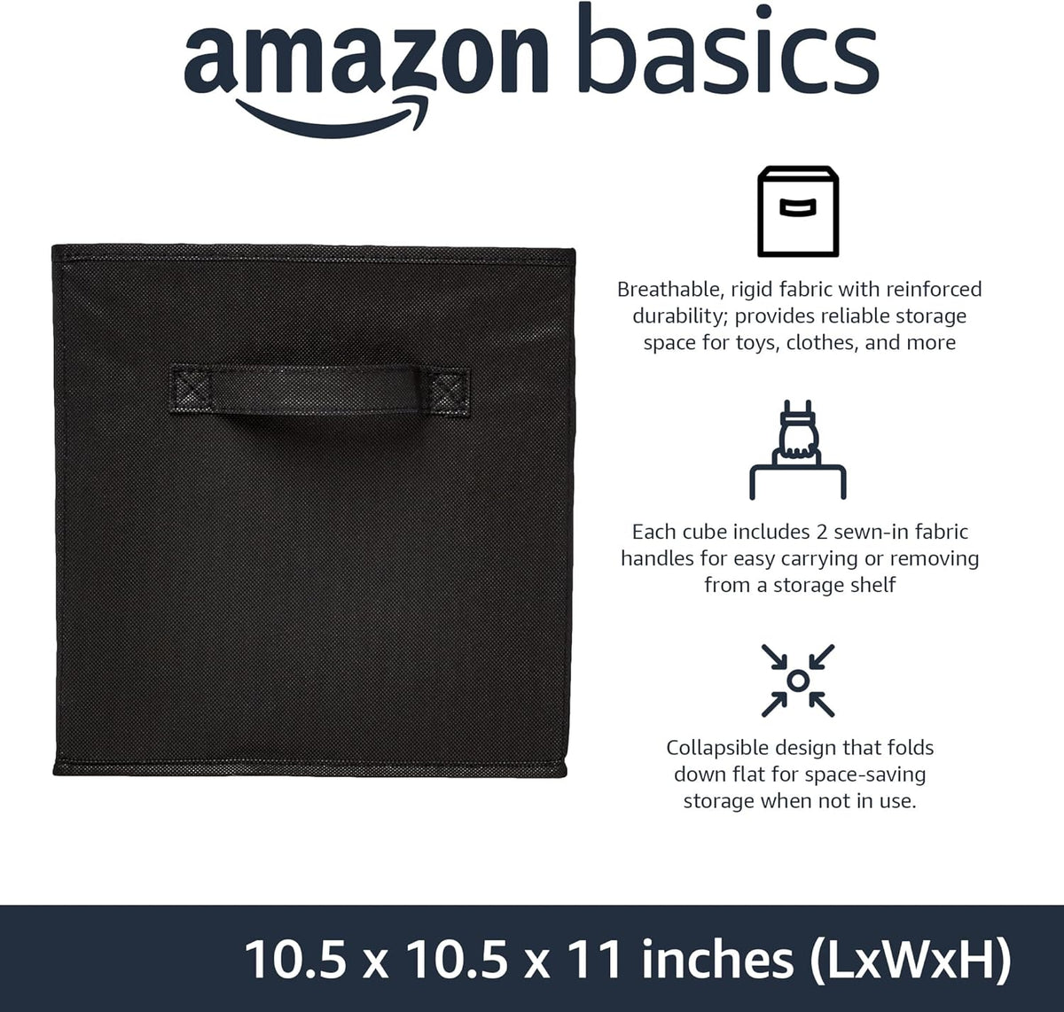 Amazon Basics Collapsible Fabric Storage Cubes Organizer with Handles, Sturdy, Black, 10.5-x-10.5-x-11-inch, Pack of 6