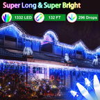 132FT 1332 LED Outdoor Christmas Lights - 296 Ice Drops, 12 Pro Modes with Timer Memory & Brightness, Waterproof Hanging Ice String Light for Holiday Wedding Garden Fence House Decor (White & Blue)