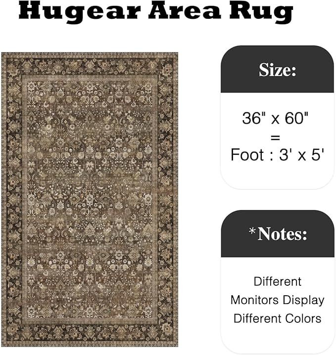 3x5 Brown Vintage Floral Washable Area Rug - Image 2
