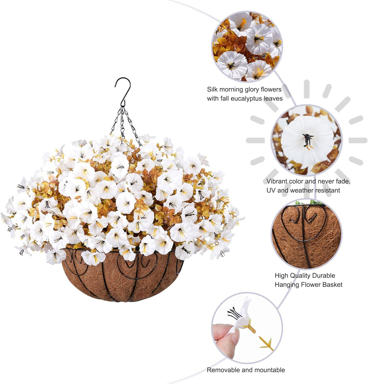 Artificial Fall Flowers Fake Hanging Plants Flowers Basket for Outdoors Autumn Decoration, Silk Morning Glory with Eucalyptus Look Real UV Resistant Faux Flowers for Outside Porch Patio Balcony, White