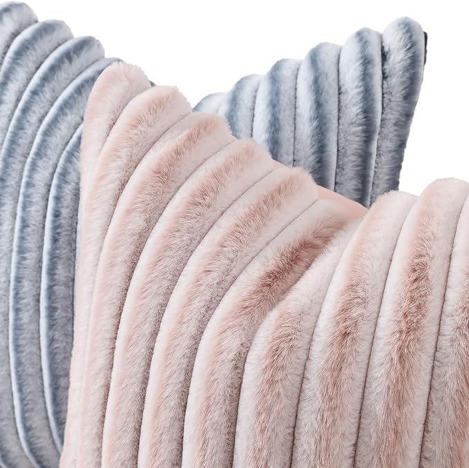 decorUhome Fall Faux Fur Throw Pillow Covers 22x22 Set of 2 Pink White | - Image 2