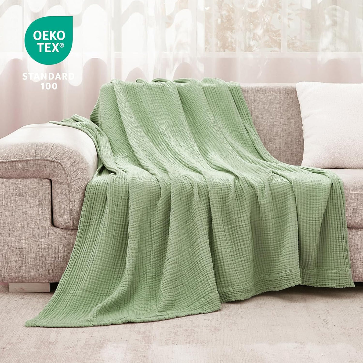 EMME Cotton Blanket Twin XL for Bed Soft Muslin Blankets 66"x90" Lightweight Breathable Layering Bedspread Coverlet All Season Gauze, Sage Green