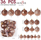 Christmas Ornaments Set with 36pcs Shatterproof Christmas Tree Decorations Multi-Size Christmas Ball Ornaments with 7 Styles Brown