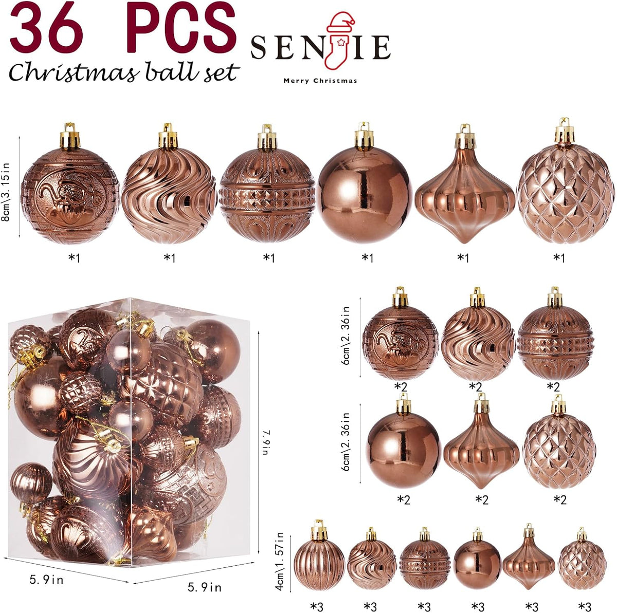 Christmas Ornaments Set with 36pcs Shatterproof Christmas Tree Decorations Multi-Size Christmas Ball Ornaments with 7 Styles Brown