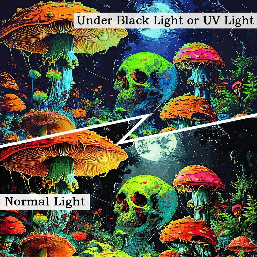 Xiaoput Blacklight Skull, Black Light Skeleton, UV Reactive Neon Gothic Tapestry for Bedroom, Glow in Dark Trippy Forest Wall Hanging, 40X30IN