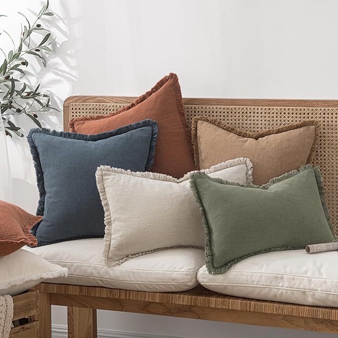 MIULEE Boho Linen Fringe Decorative Fall Throw Pillow Covers Brick 20x20 | Set - Image 5