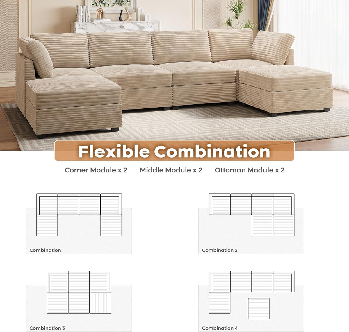 ovios Sectional Sofa Couch with U-Shape Chaise Ottomans, Comfy Modular Cloud Couches with Deep Seat, Modern Upholstered Plush Corduroy Sofas Set for Living Room, 6-Seater, Beige