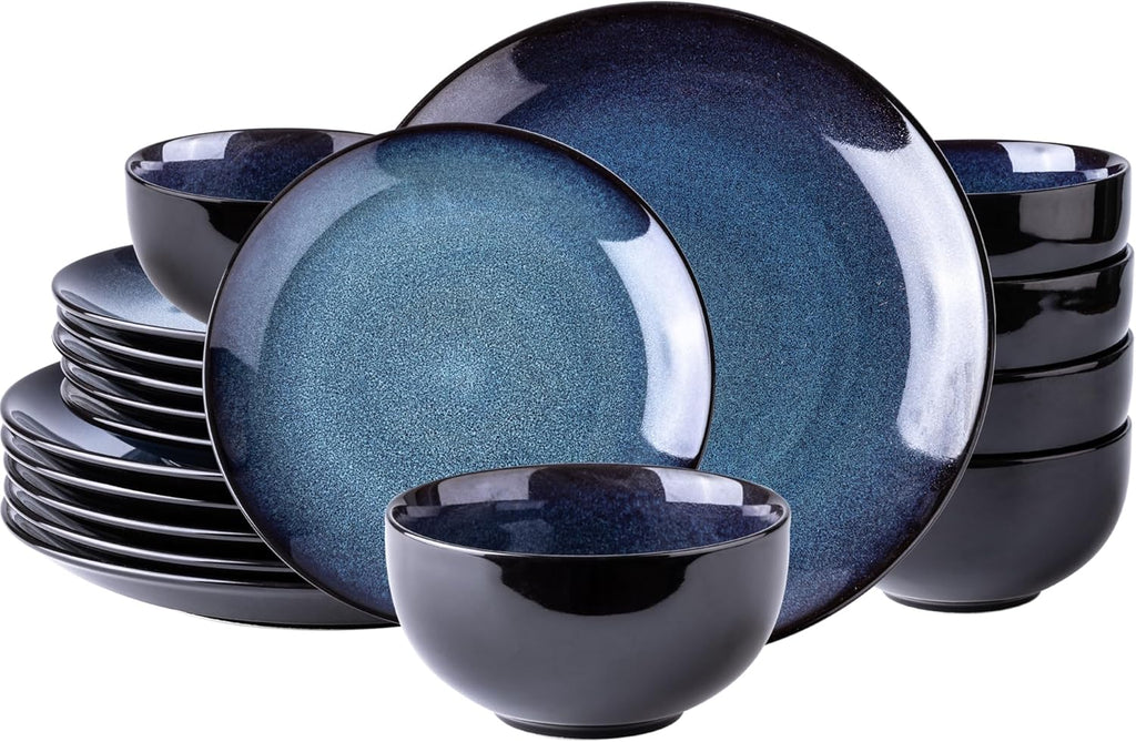 LeRatio Ceramic Dinnerware Sets for 6,Plates and Bowls Sets,Handmade Reactive Glaze Dishes Set,Chip Resistant and Scratch Resistant | Oven&Dishwasher & Microwave Safe-Blue(18PCS)
