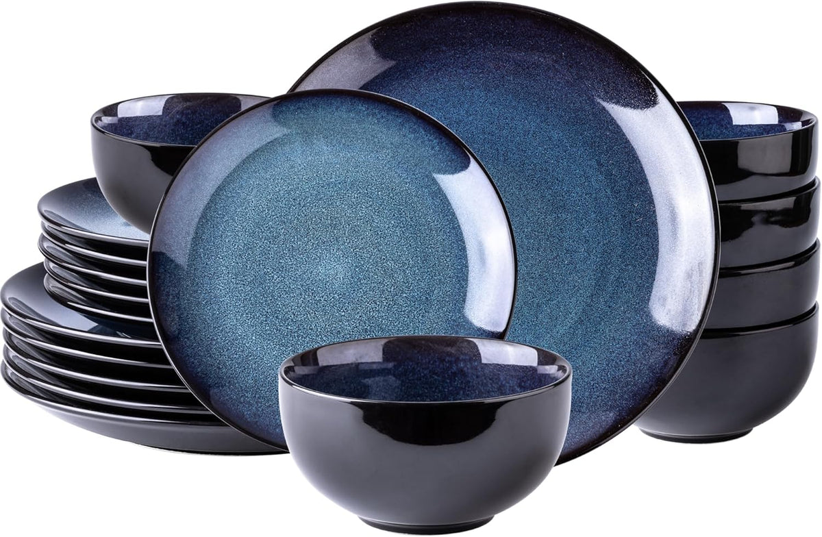 LeRatio Ceramic Dinnerware Sets for 6,Plates and Bowls Sets,Handmade Reactive Glaze Dishes Set,Chip Resistant and Scratch Resistant | Oven&Dishwasher & Microwave Safe-Blue(18PCS)