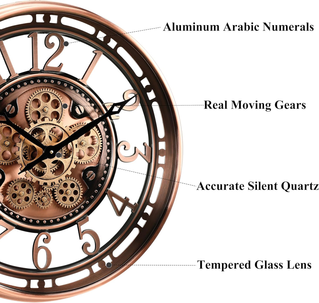 CLXEAST 21 Inch Moving Gear Wall Clock for Modern Farmhouse Living Room Decor,Large Industrial Steampunk Wall Clock for Home Office,Metal Copper Finished,House Warming Gifts New Home
