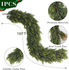 Real Touch Cedar Garland - Artificial Christmas Garlands Faux Green Cedar Fake Pine Needles Garland for Fireplace,Table, Stairs, Mantle, Window,Indoor Outdoor,Home,Holiday Decor(1 PCS,16 FT)