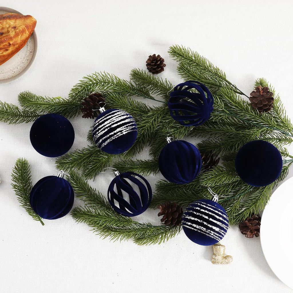 Christmas Ornaments Set of 12, 3.15" Flocked Velvet Balls with Hand Painted Designs, Navy Blue Elegant Christmas Tree Decorations in Gift Box