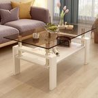 Glass Coffee Table Rectangle Living Room Center Table, with Brown Tempered Glass Tabletop and White MDF Layer,for Living Room and Office, Brown+White