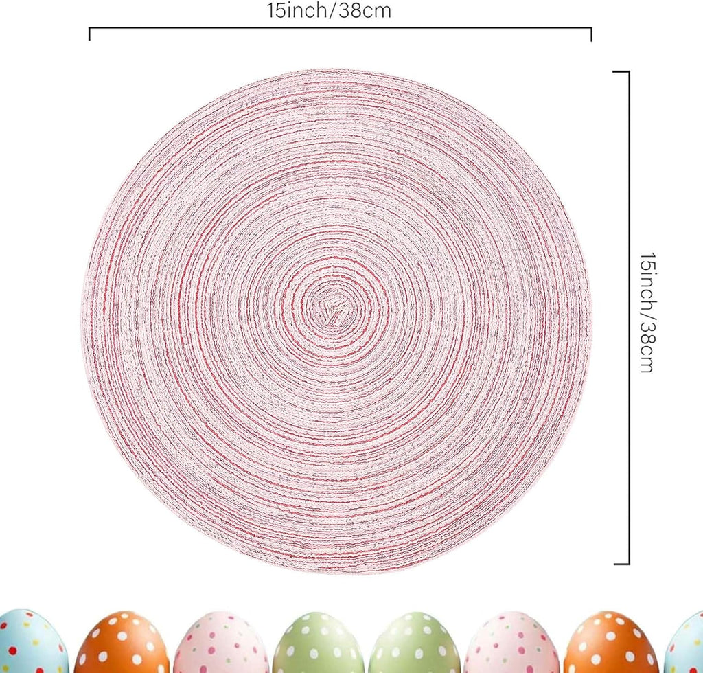 AHHFSMEI Round Braided Placemats Set of 6 Round Table Mats for Dining Tables Natural Woven Heat Resistant Place mats 15 Inch (Pink, 6)