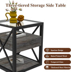 Farmhouse End Table, Modern Side Table with Drawer&3-Tier Storage Shelf, Square Rustic Nightstand, Accent Tea Table, for Bedroom Office Living Room, Grey, Natural Wood, Glass, Metal