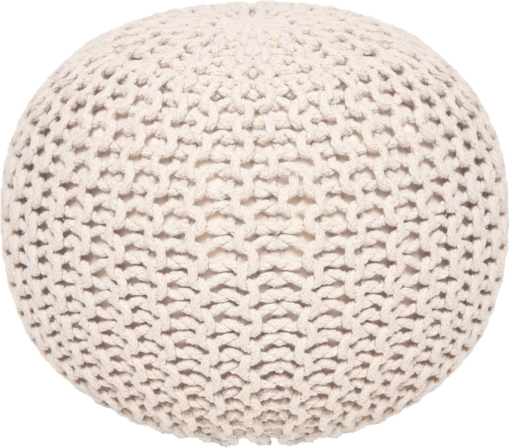 REDEARTH Round Pouf Ottoman –18"x18"x14" Hand-Knitted Cotton Pouffe –Cable Footstool –Boho Dori Hassock –Pre-Stuffed Poof – Extra Seat -Poofy Footrest for Living Room, Bedroom, Nursery, Nook –Ivory
