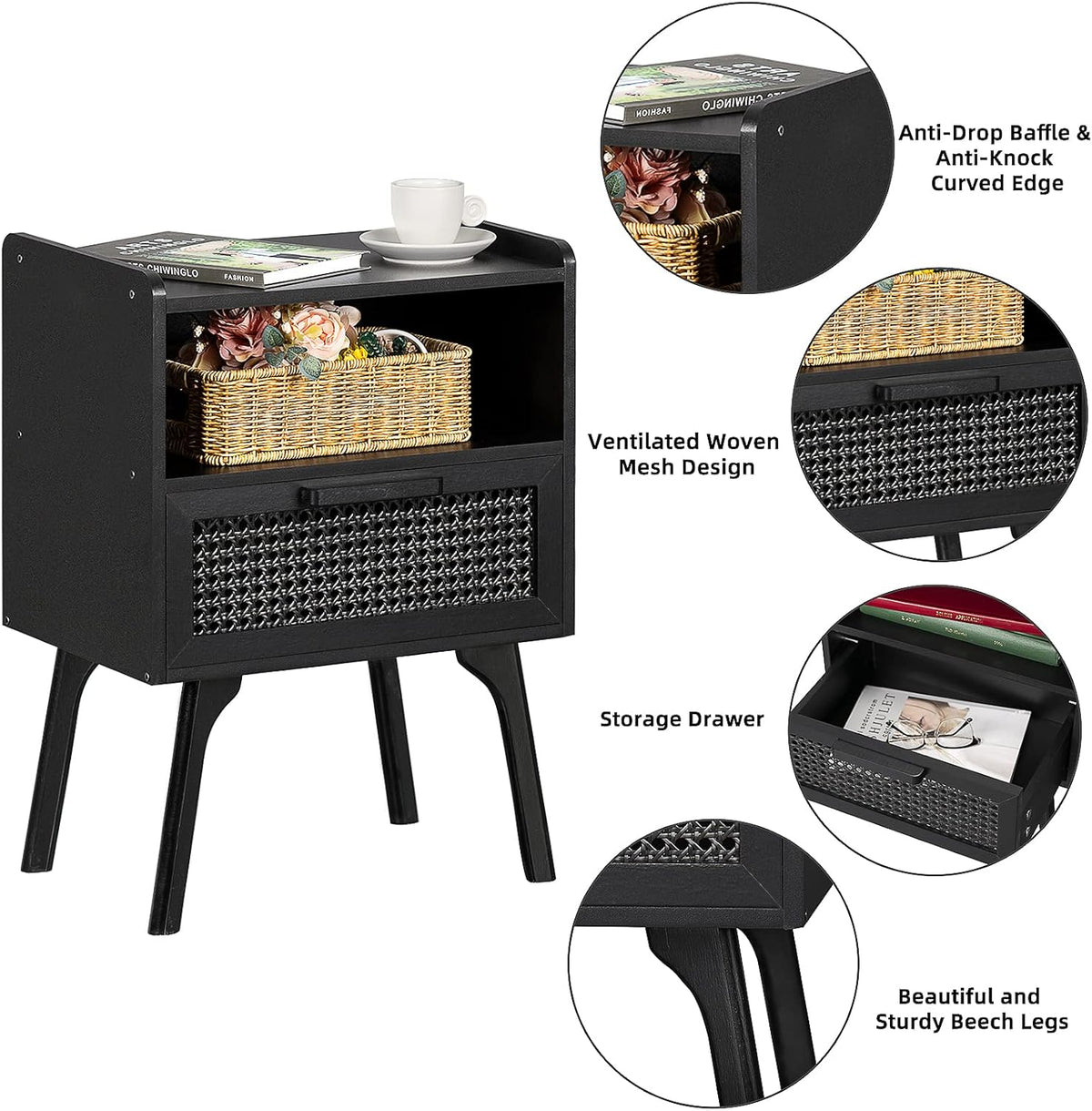 Lerliuo Rattan Nightstands Set of 2, Boho Side Table with Drawer Open Shelf, Cane Accent Bedside End Table with Solid Wood Legs for Bedroom, Dorm and Small Spaces (Black)