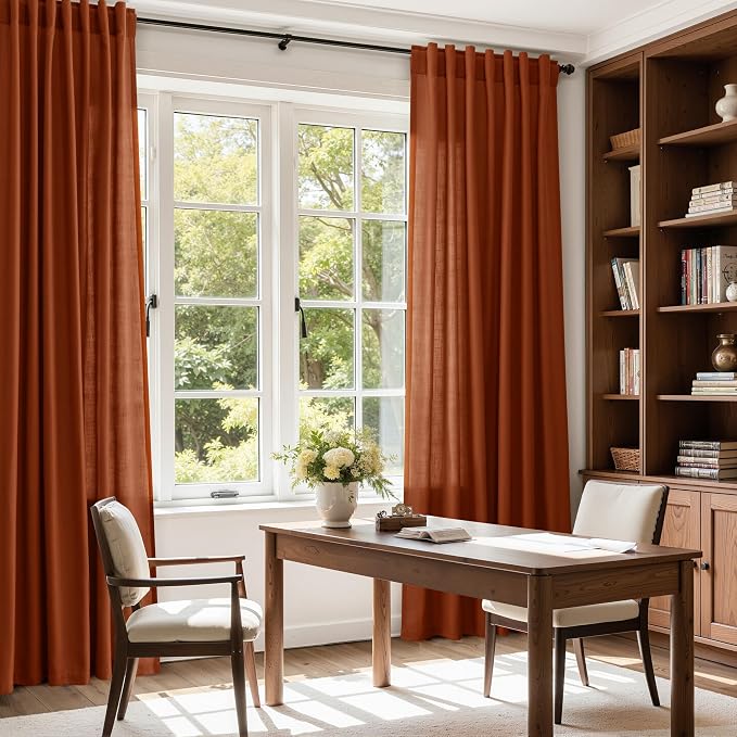 Rustic Farmhouse Linen Curtains 96 Inches Long 2 Panel Set Back Tab Terracotta - Image 8