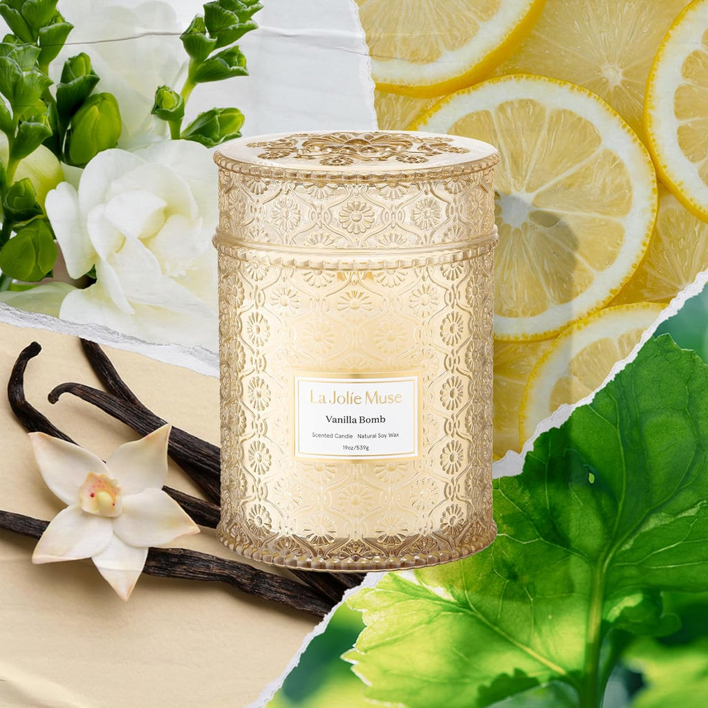 LA JOLIE MUSE Fall Candle | Vanilla Bomb Candle –Vanilla, Lemon Zest & Patchouli |19 oz Large Wooden Wick | Natural Soy Wax | 90 Hours Clean Burn | Gift-Ready for Autumn Hosting | Seasonal Home Décor