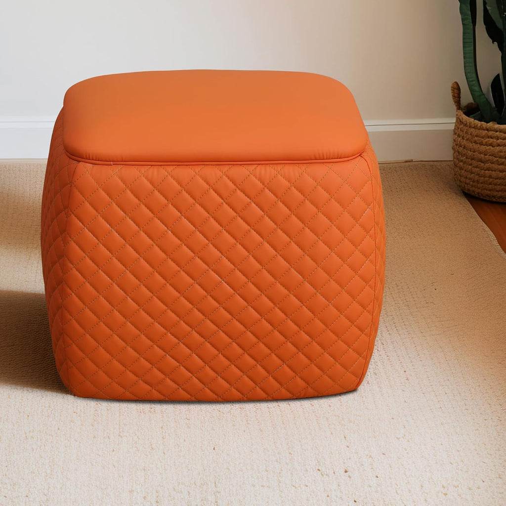 Ottoman Rectangular Storage Ottoman Bench, Faux Leather Footrest, Stool Footstool for Living Room, Bedroom, Entryway, Orange, 19.5"x15.5"x18"