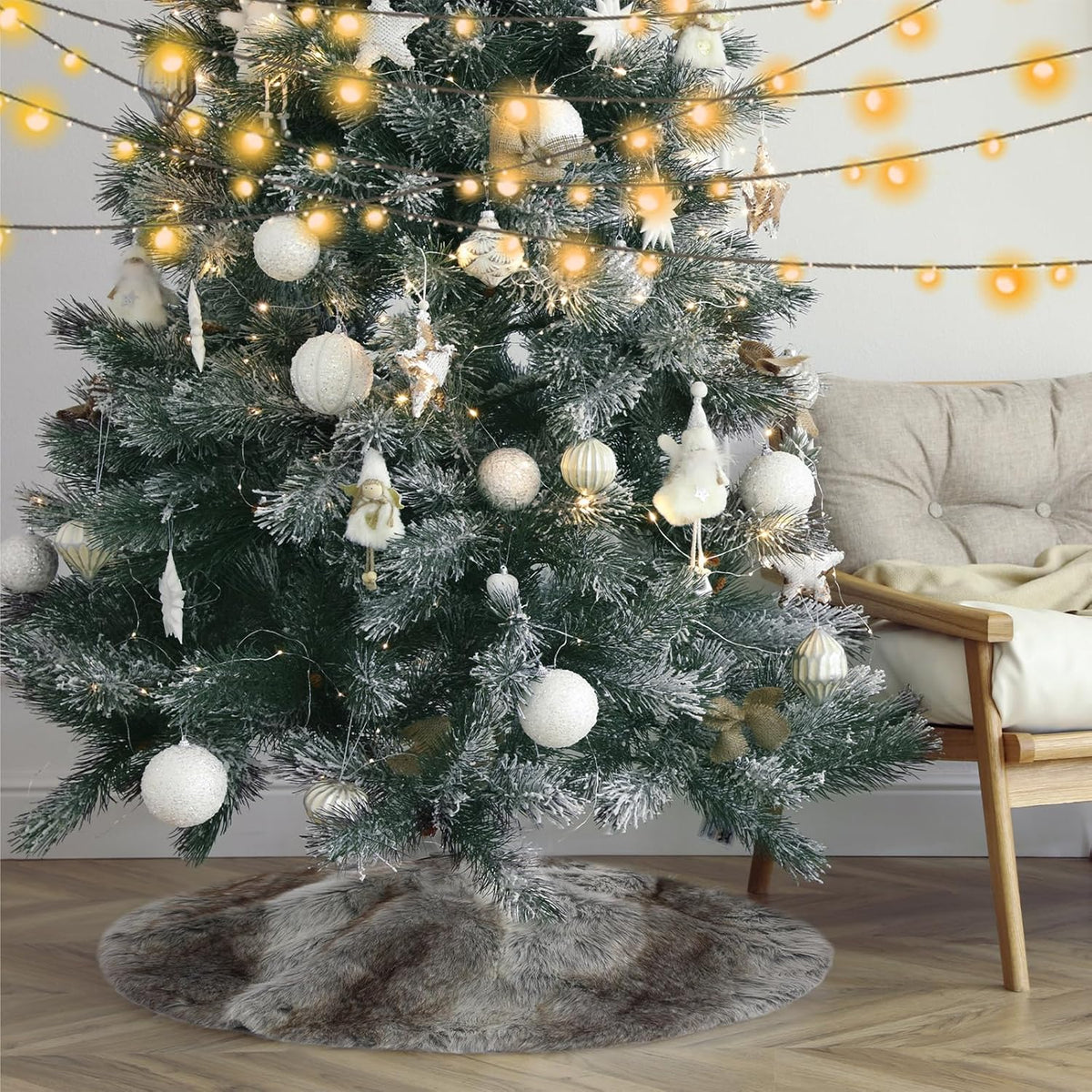 Sumind 30 Inch Christmas Tree Plush Skirt Grey White Stripe Faux Fur Christmas Tree Skirt Decoration for Xmas Party Mat Winter Holiday Home Decorations