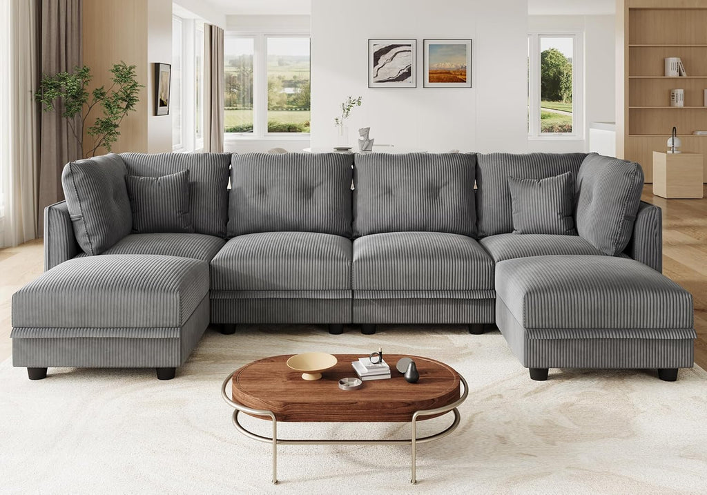 LLappuil Modular Sectional Sofa with Storage Seats, Corduroy Convertible Modular U Shaped Sectional Couch for Living Room, 6 Seat Oversized Sofa with 6 Back Cushion 6 Throw Pillow, Grey