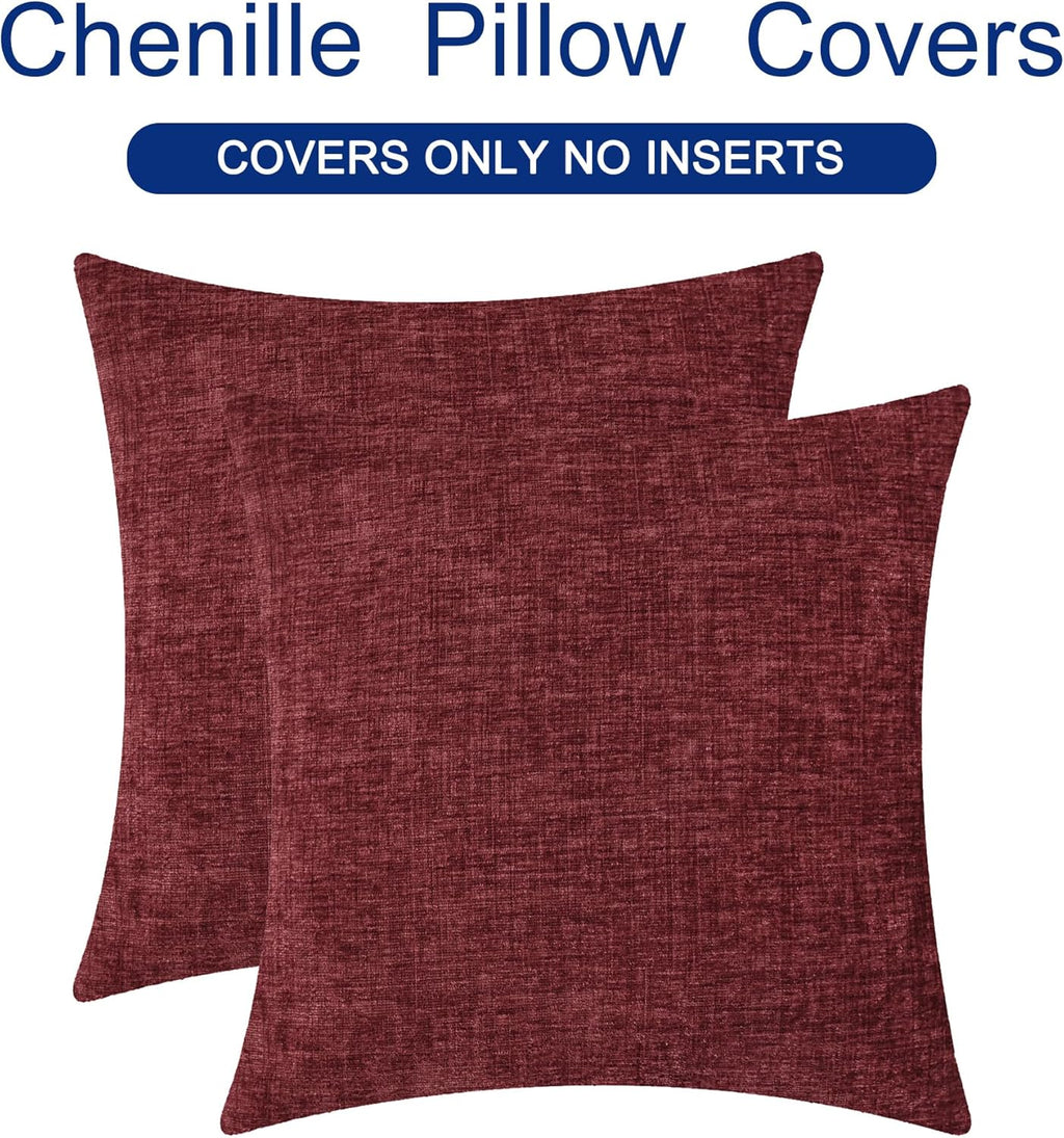 CaliTime Throw Pillow Covers Decorative 16 X 16 Inches Pack of 2 Cozy Chenille Cushion Cases for Couch Sofa Bed Living Room Home Burgundy