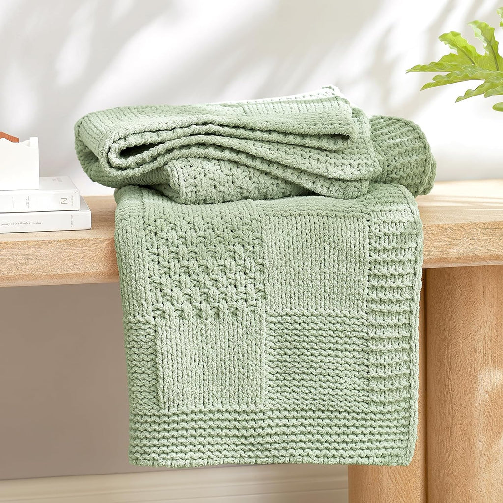 Amélie Home Chenille Knit Throw Blanket for Couch, Checkered Texture Decorative Soft Blanket for Sofa, Bed & Living Room, 50"x60", Sage Green