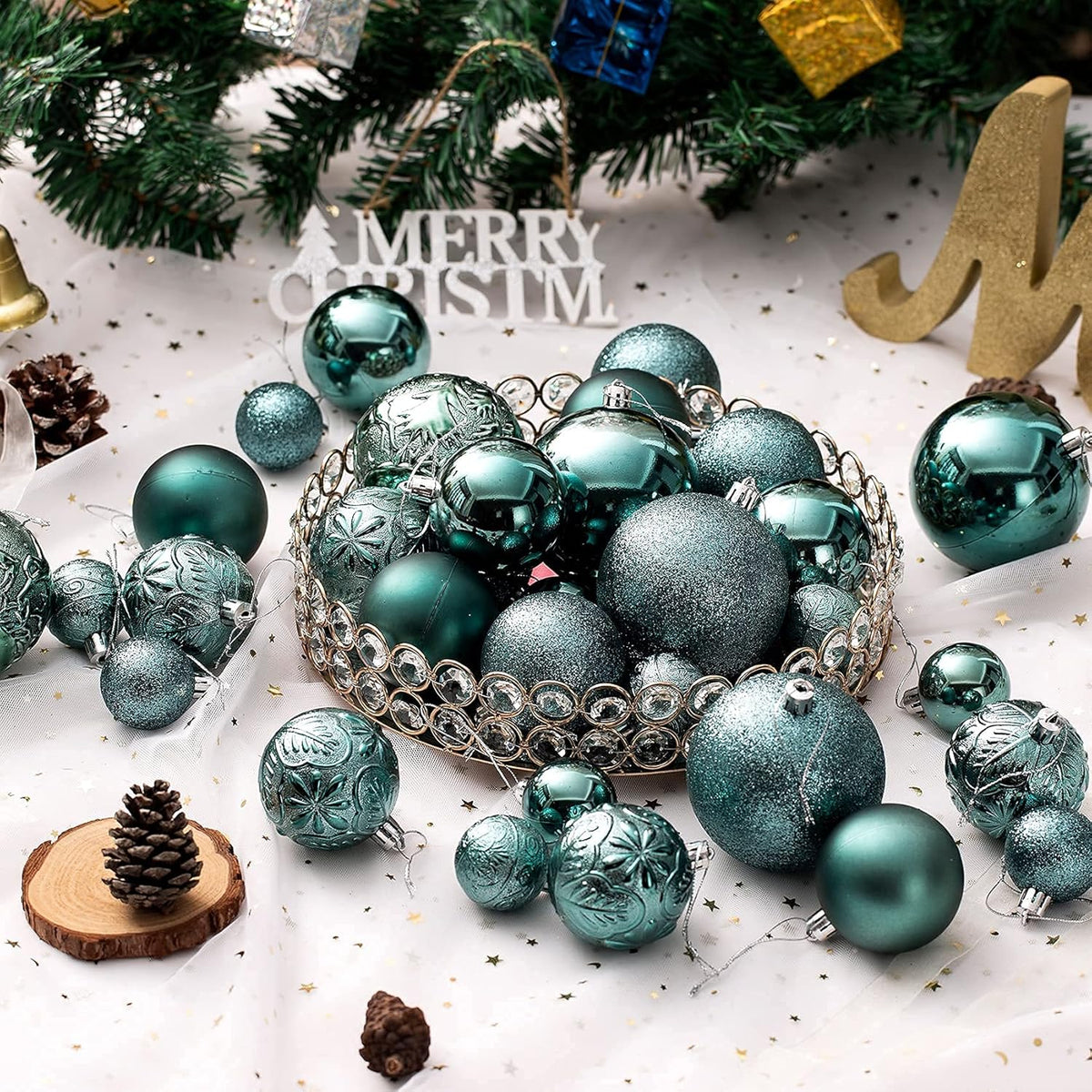 Senjie Green Shatterproof Christmas Ball Ornaments, 32 Pcs, Plastic, Wedding & Christmas, Hanging