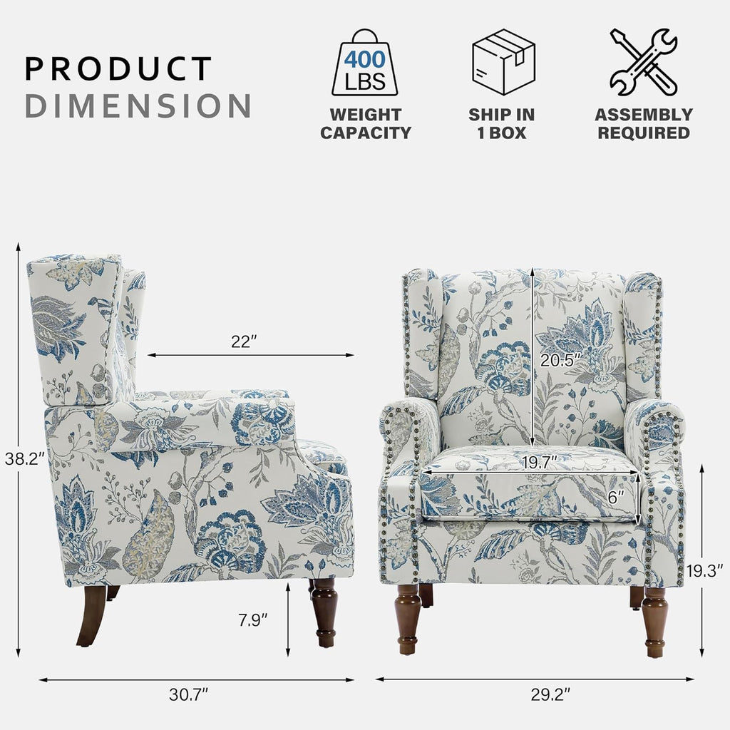 Lumibee Wingback Accent Chair, 2 Set High Back Floral Armchairs in Fabric,Comfy Upholstered Reading Single Sofa Chairs with Solid Wood Legs for Living Room,Bedroom,Office-Plants Blue