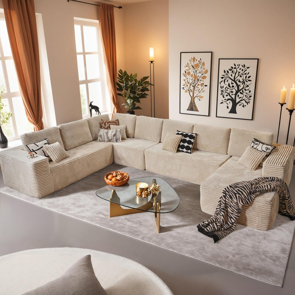 HOOOWOOO Cloud Sectional Couches for Living Room,Modular Sectional Sofa No Assembly,165X110 Inch Plush Corduroy Large U Shaped Floor Couch Set with Deep Seat Chaise Lounge(Beige)