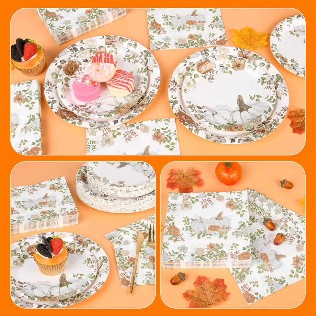 150Pcs Fall Paper Plates and Napkins Party Supplies Autumn Thanksgiving Disposable Plates Napkin White Pumpkin Plates Tableware Set for Fall Decor Thanksgiving Party Supplies,Serve 50 Guests