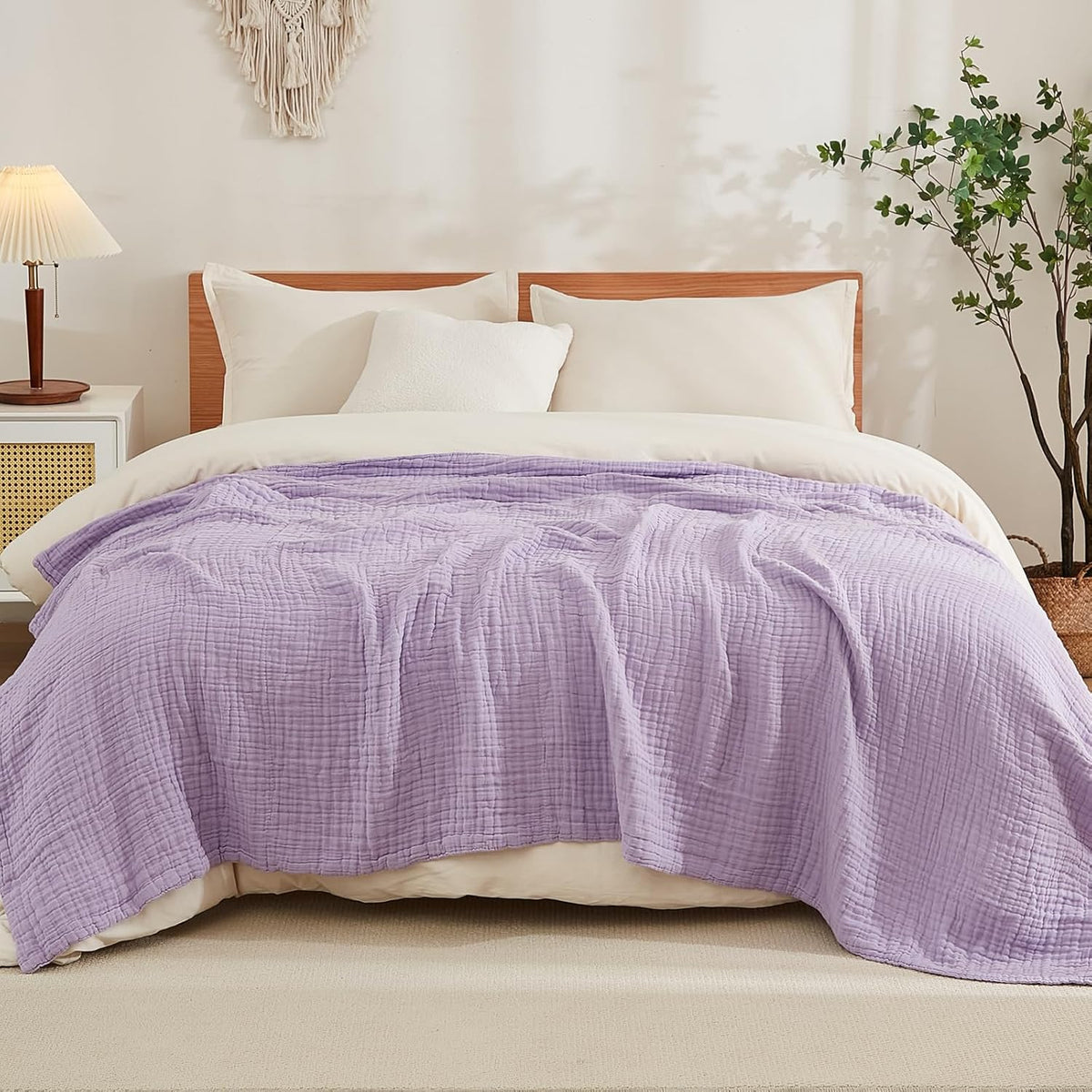 EMME Cotton Muslin Blanket King Size - Soft, Breathable Layering Blanket, 108"x90", All Season Gauze, Lavender