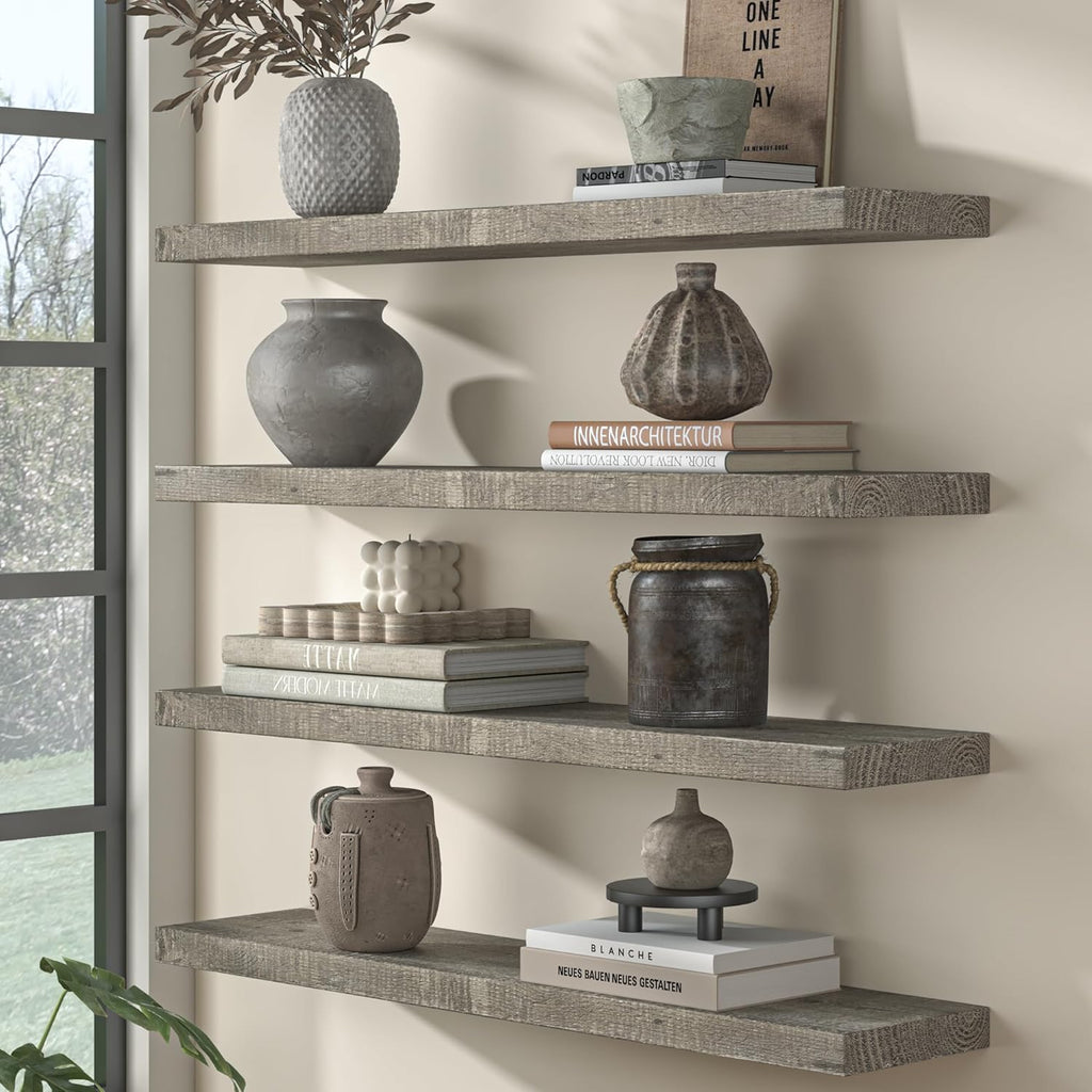 Fun Memories Floating Shelves for Wall Decor, 24"x8" Rustic Reclaimed Wood Shelves, Heavy-Duty Wall Mounted Shelves with Invisible Brackets, Set of 2for Living Room, Bedroom, Kitchen, Grey Finish