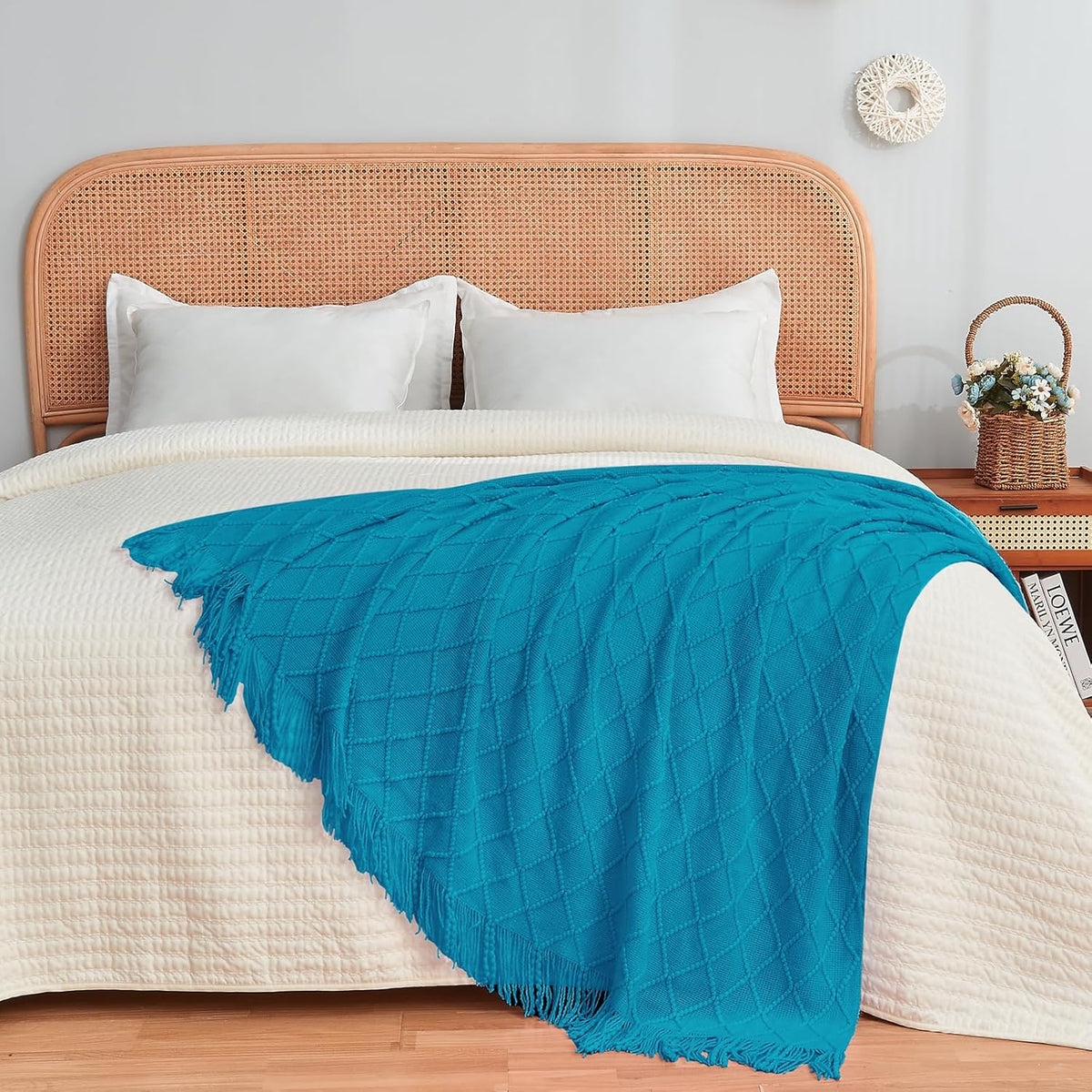 inhand Teal Throw Blanket for Couch and Bed, Soft Living Room Home Decor Knitted Blanket with Tassel, Outdoor Lightweight Breathable Summer Blanket, Farmhouse Warm Woven Decorative, 50"x60"