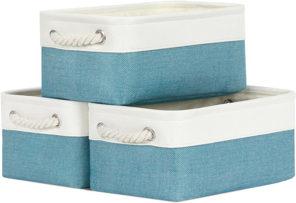 Bidtakay Small Storage Baskets for Shelves 3 Pack Fabric Storage Bins for Organizing Linen Collapsible Organizer for Closet-White&Teal