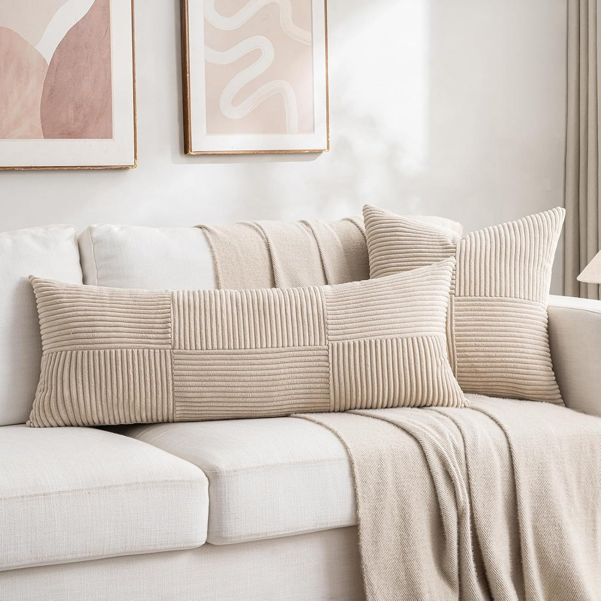 Fancy Homi 2 Packs Tan Decorative Throw Pillow Covers 18x18 Inch for Living Room Couch Bed, Rustic Farmhouse Boho Home Decor, Soft Corss Corduroy Patchwork Textured Square Beige Cushion Case 45x45 cm