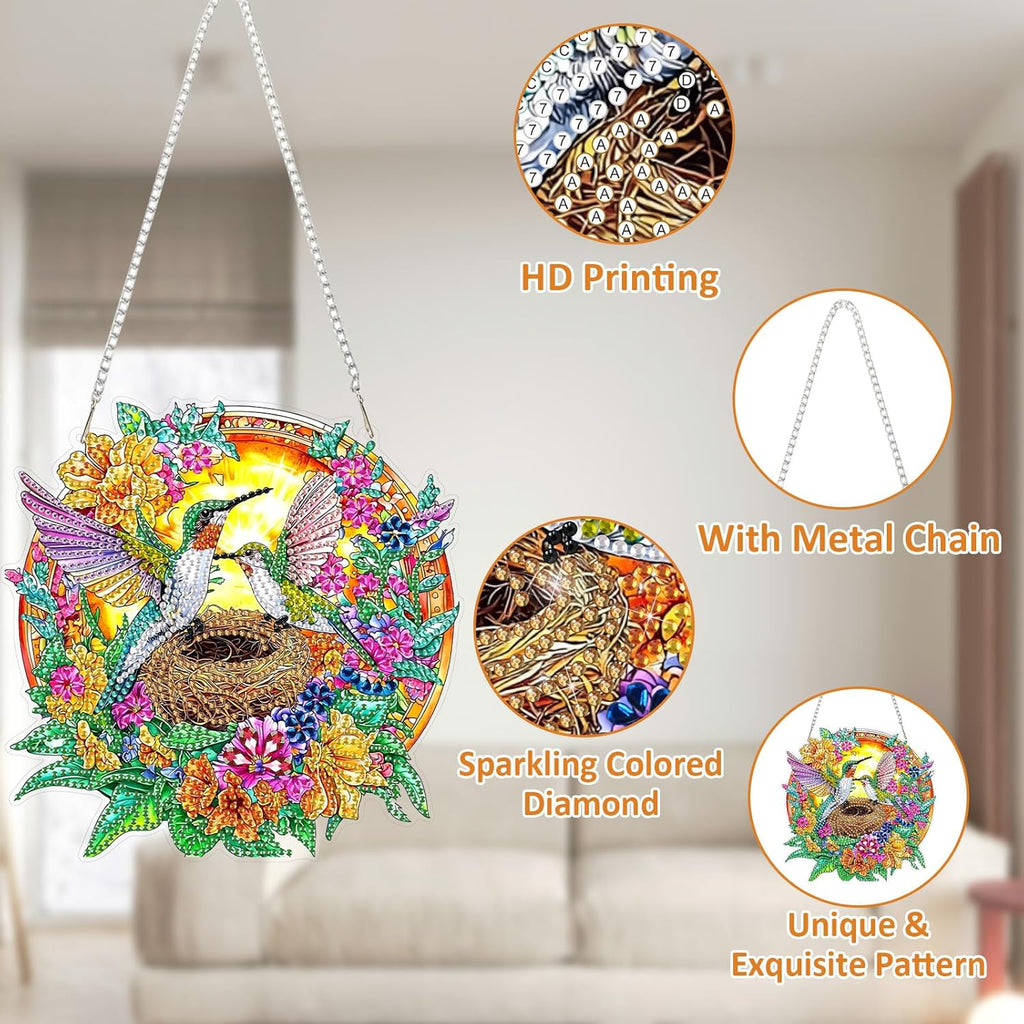 SENQAO Hummingbird Diamond Art Hanging Kit for Adult, Special Shaped Rhinestone, Double Sided DIY Acrylic Diamond Art Painting Window Pendants Home Garden Wall Hanging Kits Hanging Ornament