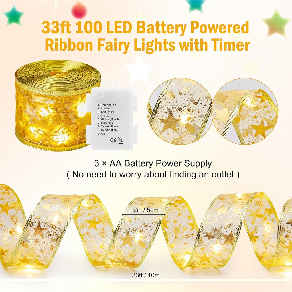 Minetom Christmas Tree Ribbon String Lights - 33ft 100 LED Battery Powered Fairy Lights with Timer and 8 Lighting Modes, Christmas Ribbon Bows Lights for 6ft - 8ft Christmas Tree New Year Decor, Gold