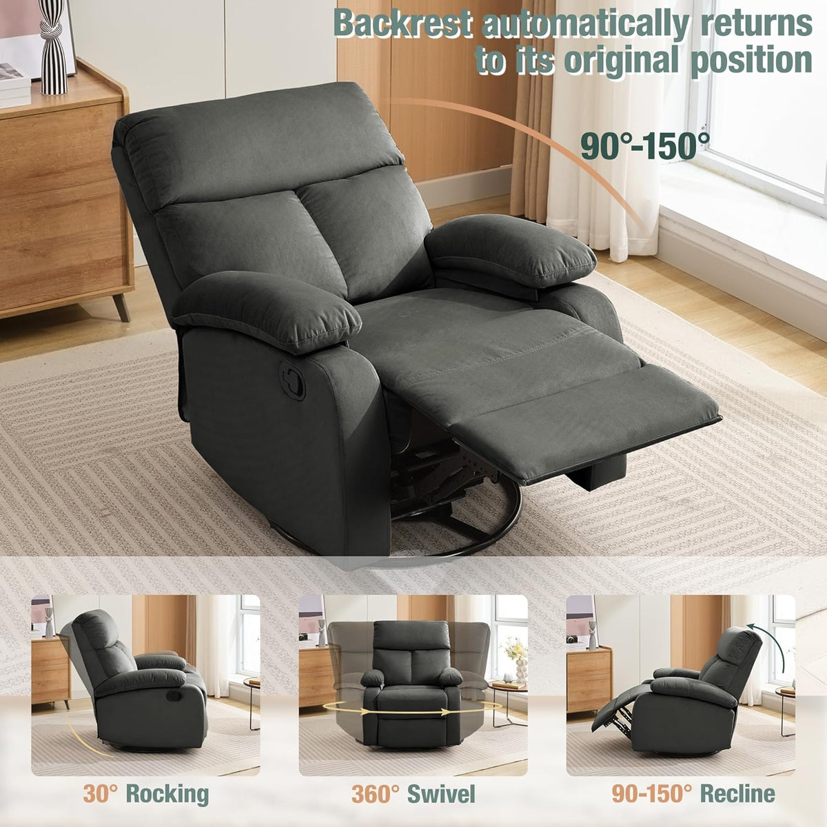 Swivel Rocker Recliner for Adults, Rocking Small Recliner Chair for Small Spaces, Glider-Nursery Rocking Chair for Living Room, RV, Nursery, Bedroom, Grey