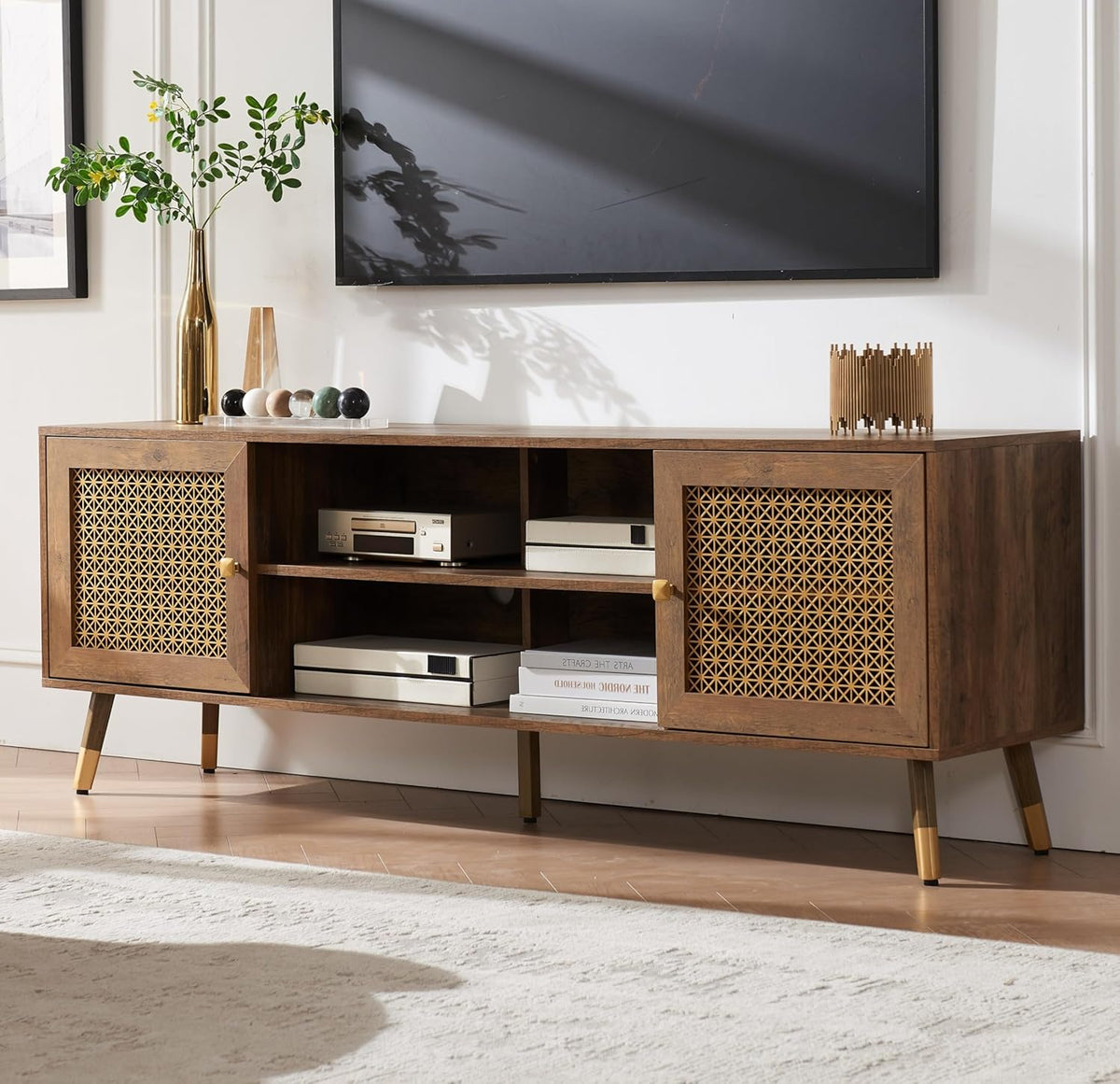 JYED Mid Century Modern TV Stand and Console for TVs Up to 75 inch - Rustic Oak Entertainment Center, 2 Gold Metal Mesh Doors & MDF Wood Grain, 15.8" D x 66" W x 23.5" H