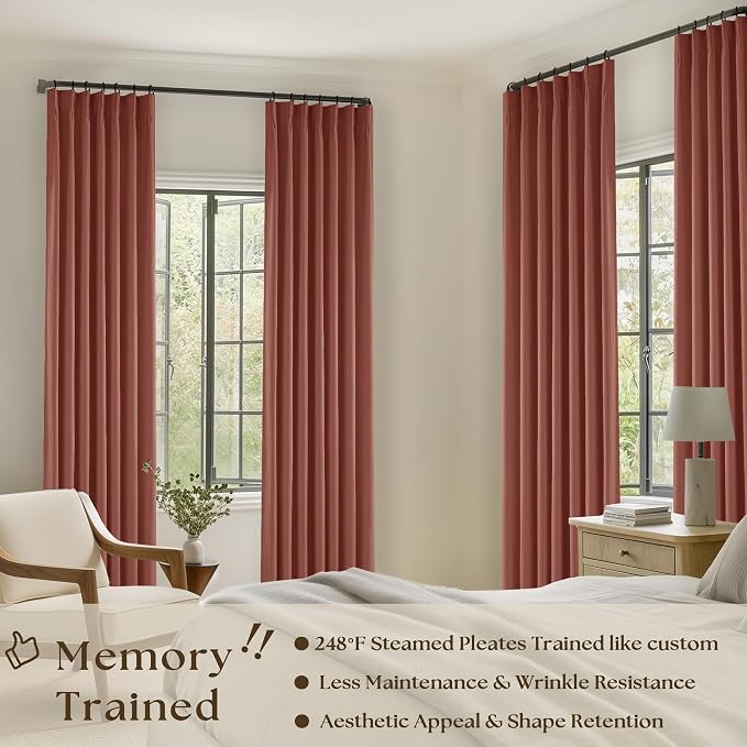Terracotta Pinch Pleated 100% Blackout Linen 84 Inch Curtains | Room Darkening - Image 2