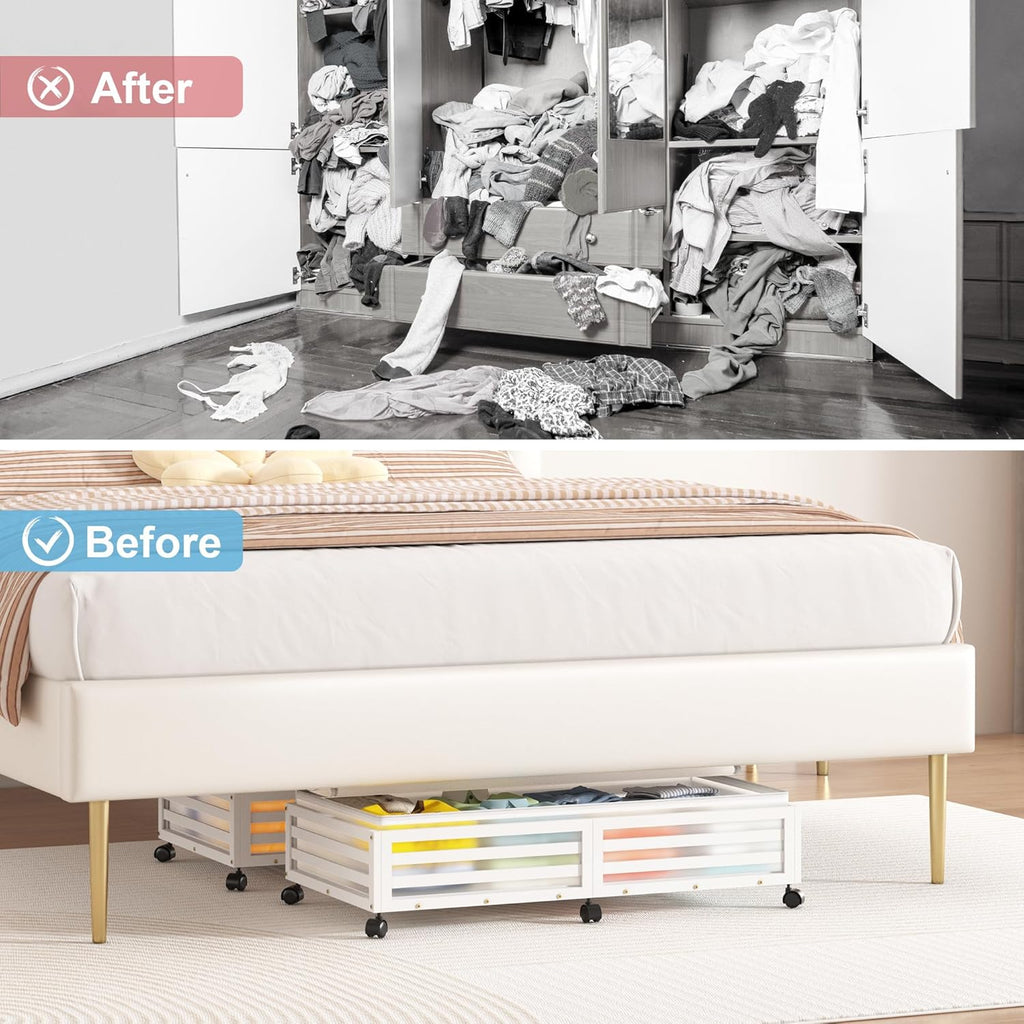 Under Bed Storage Containers With Wheels - 2 Pcs Large Bamboo Wood Rolling Underbed Shoe Storage Bins With Dust Bags for Clothes Blankets, Duvet Covers Snacks Toys (White)