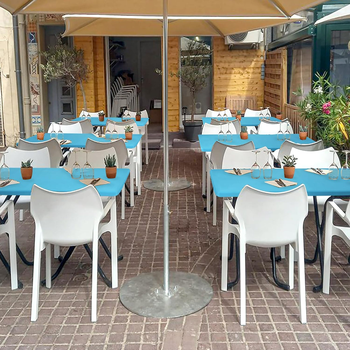 Fitted Tablecloth for 8 Foot Rectangle Table-4 Pack Light Blue Elastic Outdoor Picnic Table Cover-Spandex Stretch Folding Tablecloths 8ft for Camping Dining Room Patio Kitchen Banquet Party