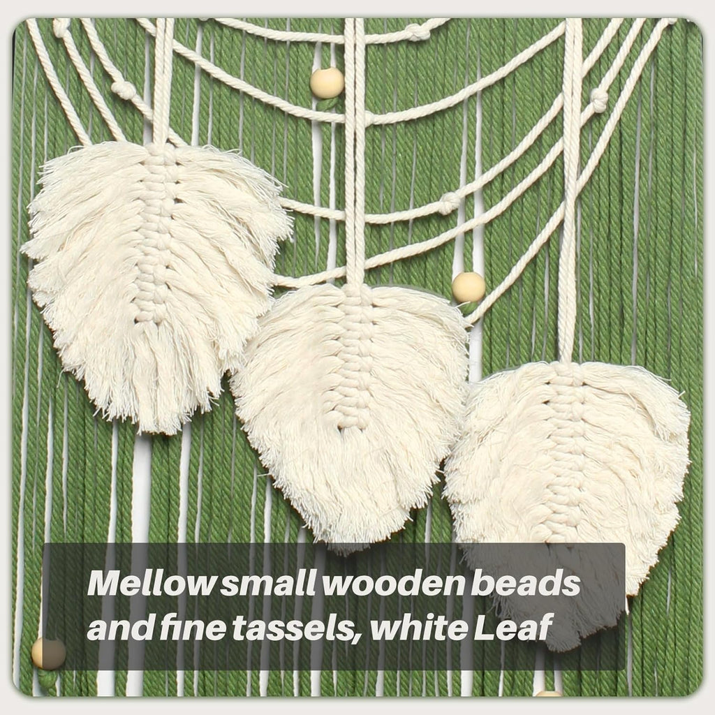 JONKASIPA Macrame Wall Hanging Bohemian Handmade Leaf Feather Wall Art Decorations, Green fringe Chic Home Decor for Apartment Dorm Living Room Bedroom