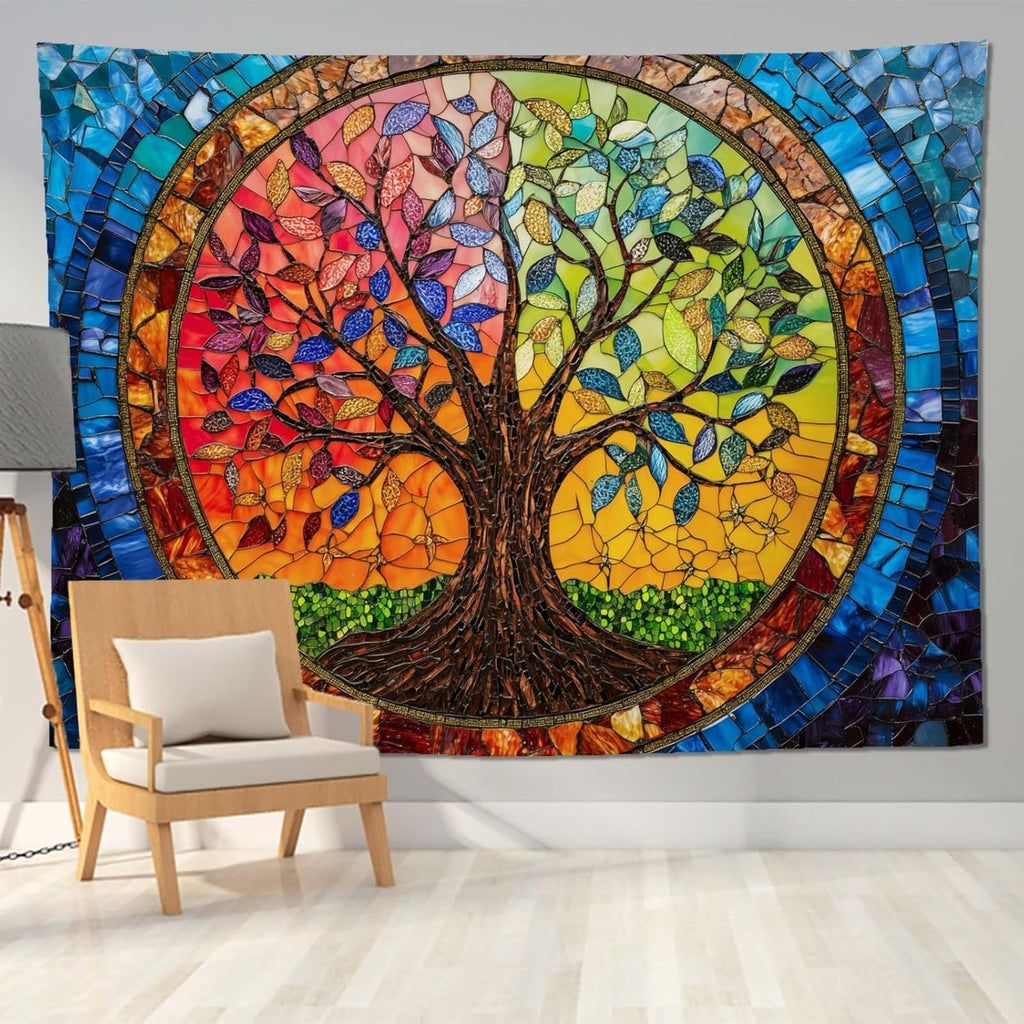 keowhsf Tree of Life Tapestry Wall Hanging – Colorful Stained Glass Look Wall Art with Fantasy Aesthetic, Large Tapestry for Bedroom, Living Room, Home Decor