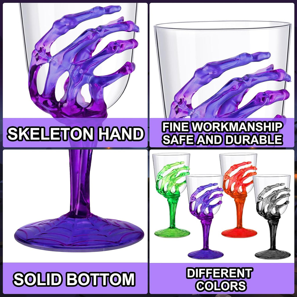 Yungyan 60 Pcs Halloween Skeleton Hand Plastic Goblets Set 12 oz Spooky Skeleton Hand Goblets Halloween Clear Cups Wine Glasses Creepy Champagne Decorations for Party Haunted House 4 Color