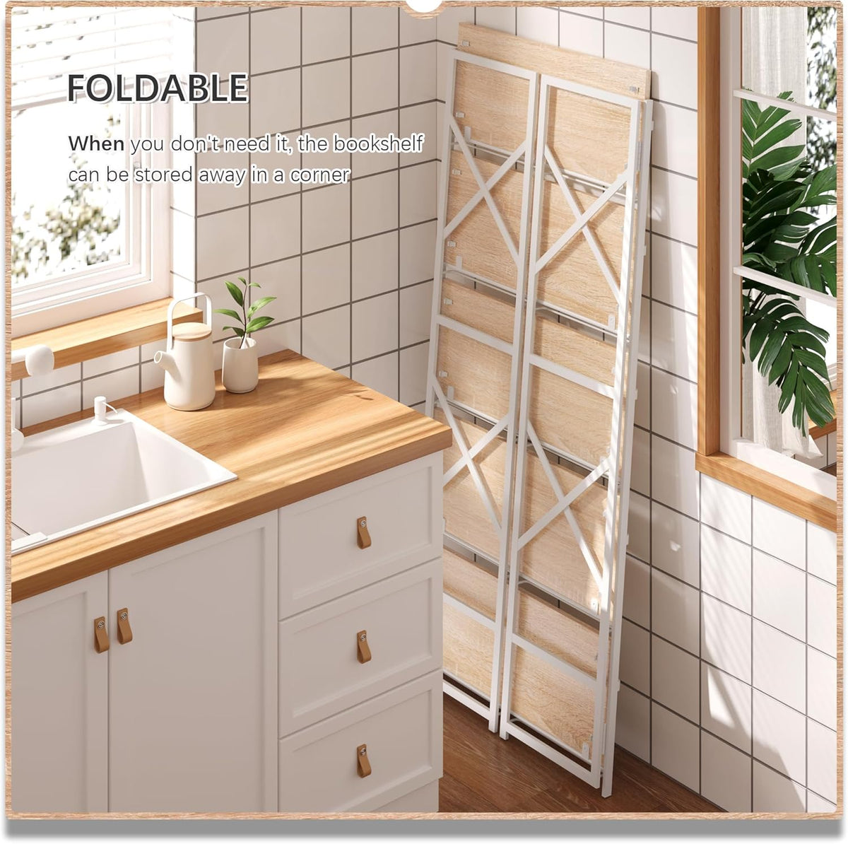 4NM 5 Tiers No Assembly Book Shelves, 51.2" H Folding Bookshelf Bookcase Open Industrial Foldable Shelves for Bedroom, Living Room, Home Office - Natural White