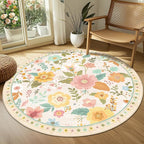 RELEANY Floral Washable Round 6ft Area Rug Beige/White/Orange | Flower Carpet - Image 8