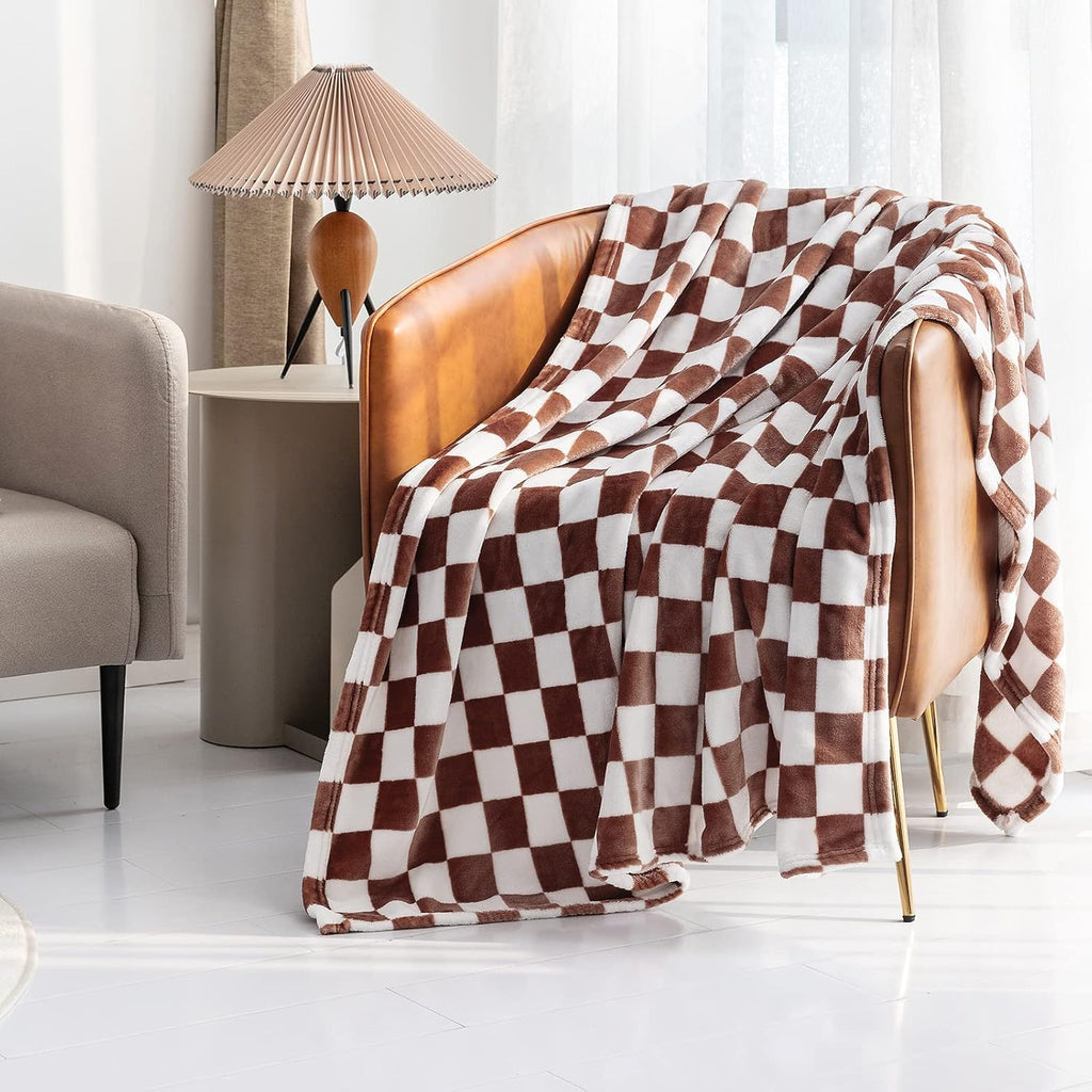 LOMAO Throw Blankets Flannel Blanket with Checkerboard Grid Pattern Soft Throw Blanket for Couch, Bed, Sofa Luxurious Warm and Cozy for All Seasons (Coffee, 50"x60")